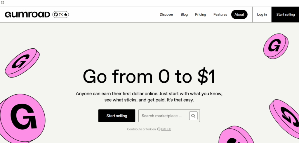 Gumroad frontpage - make money online