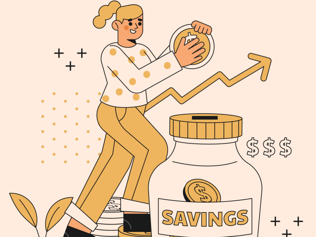 Person - save money jar - with growth chart
