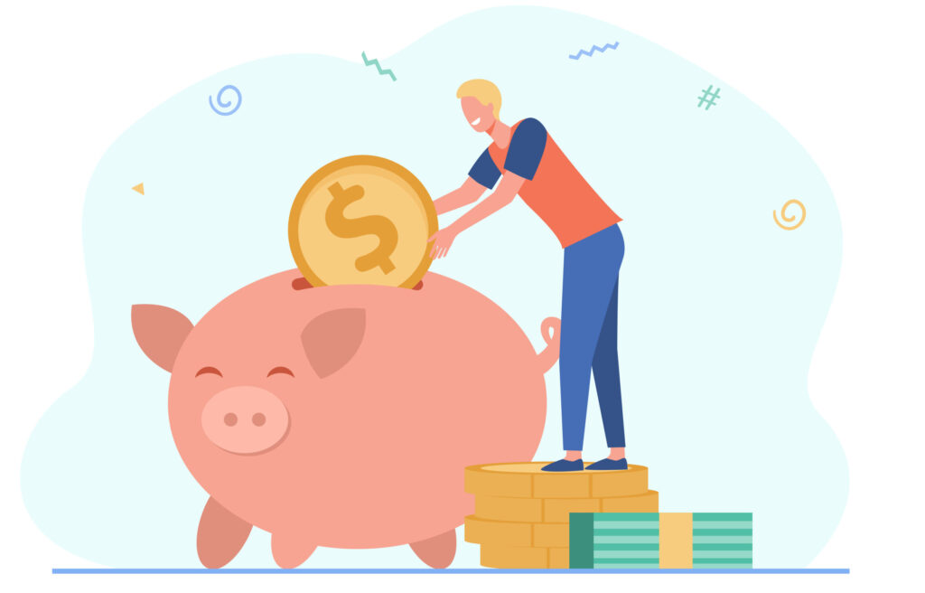 Person depositing coin into piggy bank - save money