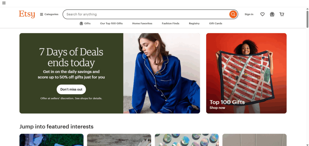 Etsy frontpage - websites to earn money on